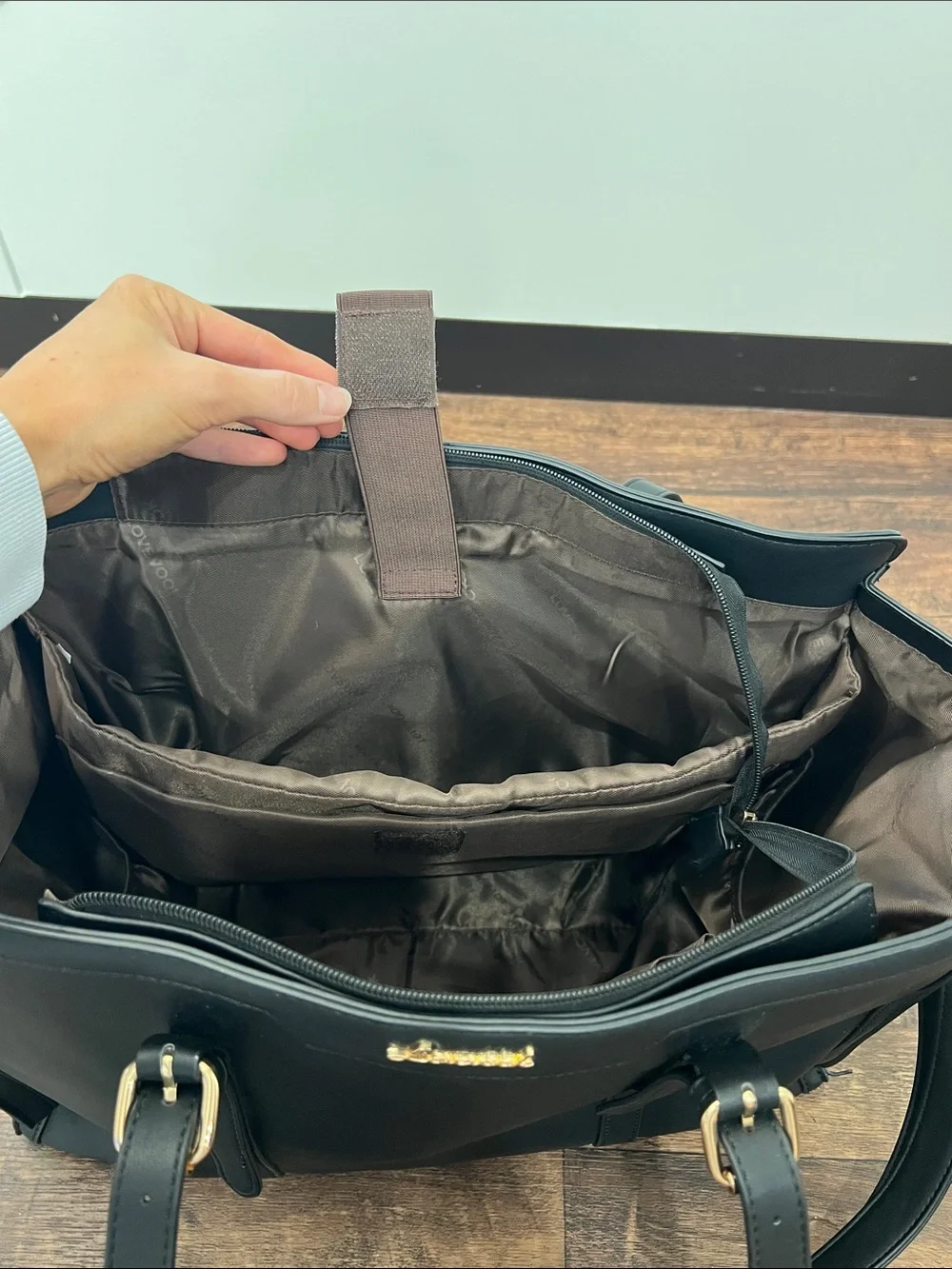 Black Leather Women’s Laptop Bag with Gold Accents
